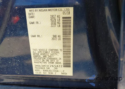 2018 Nissan Altima 2.5 Sr из США, поврежденный, VIN 1N4AL3AP2JC265422